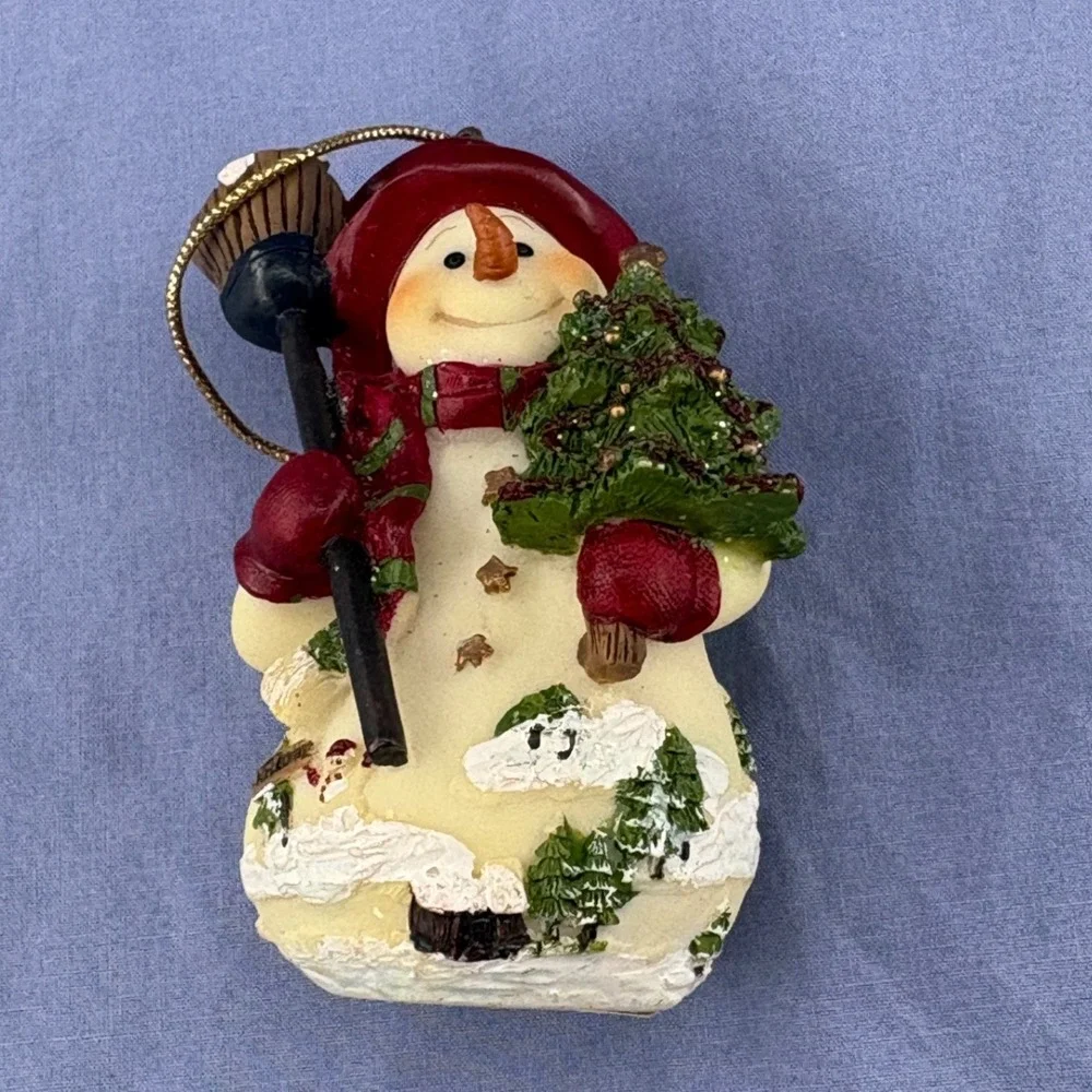 Home Interiors Snowman Ornament 54060 Red Hat Tree Broom Christmas Figurine Vtg